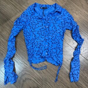 Zara XS Floral Print‎ Ruched Sleeve Button Down Crop Blouse Top Blue